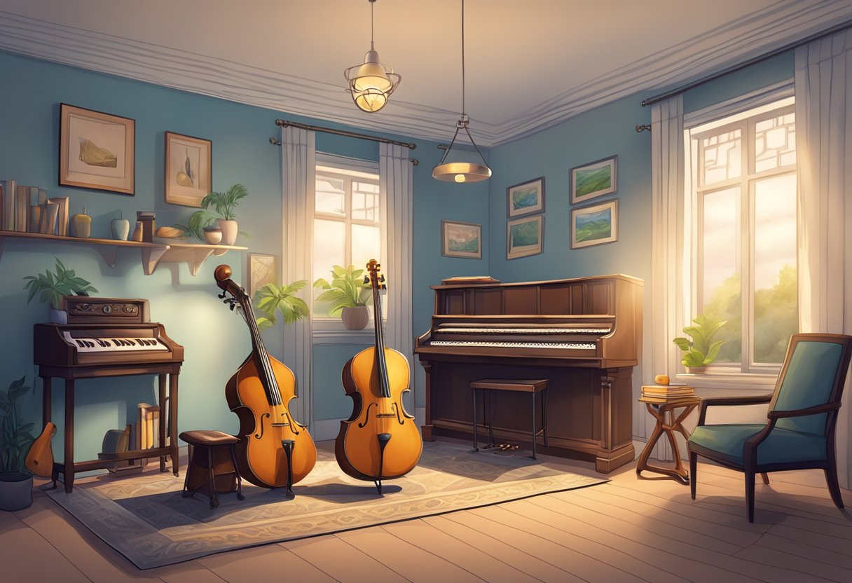 A tranquil setting with soft, ambient lighting and a comfortable chair. A variety of musical instruments are arranged neatly, ready to be played for different types of hypnosis sessions