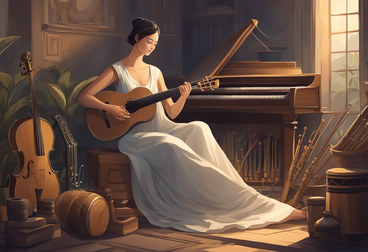 A serene figure sits in a dimly lit room, surrounded by ancient musical instruments. Soft, soothing music fills the air, creating an atmosphere of calm and relaxation