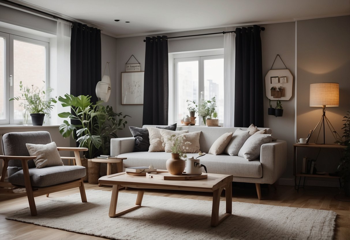 A cozy living room with two sets of furniture, one side neatly arranged and the other more lived-in. A calendar on the wall marks important dates