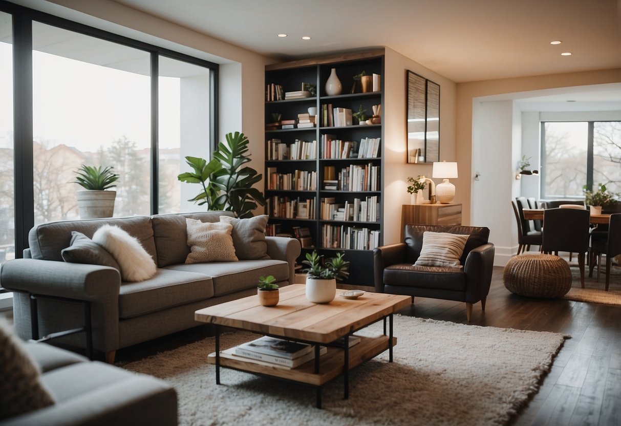 A cozy living room with two separate sides, one with feminine decor and the other with masculine touches. A shared bookshelf and a comfortable couch suggest a harmonious cohabitation