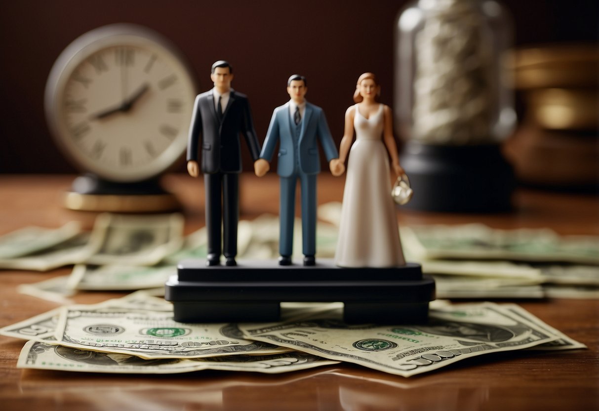 A man and woman stand on opposite sides of a scale, one side weighted with dollar bills and the other with symbols of love and commitment