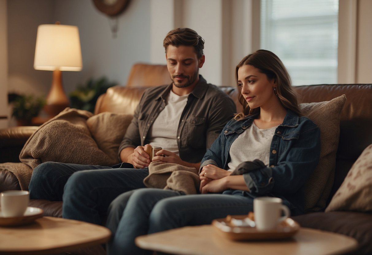 A couple sitting on a cozy couch, surrounded by shared belongings and framed photos, pondering the decision to move from cohabiting to marriage