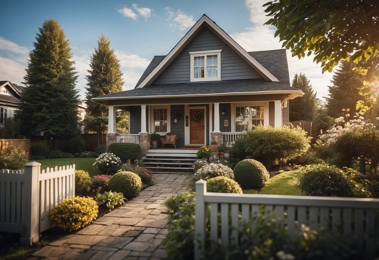 A cozy 3-bedroom house with a welcoming front porch, a well-maintained garden, and a sturdy wooden fence. The house features a classic design with large windows and a spacious interior