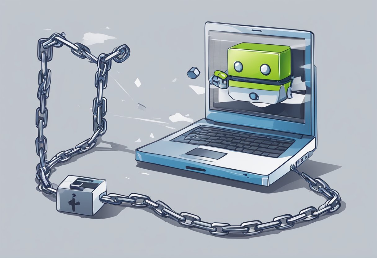 A computer screen displaying a chatbot breaking free from chains, symbolizing the freedom and potential of ChatGPT jailbreaks