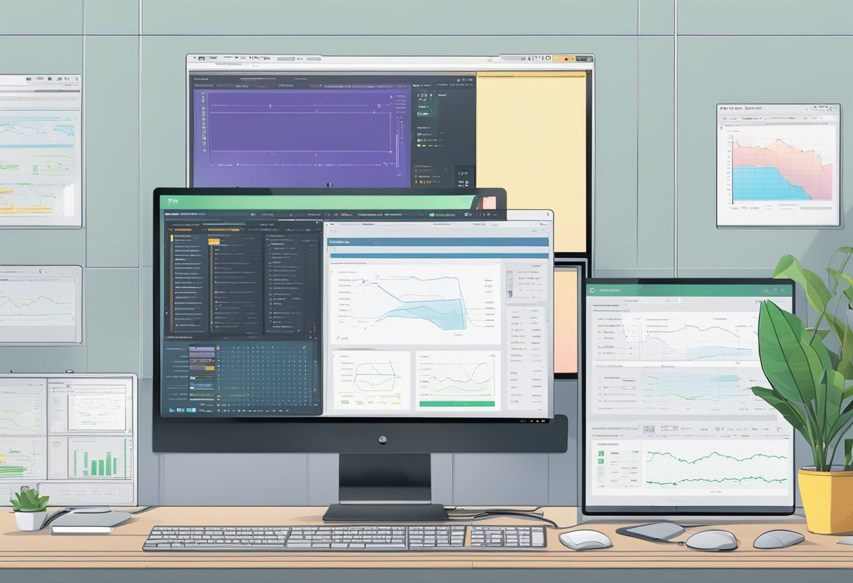 A computer monitor displaying a chatGPT interface with various options and settings, surrounded by code snippets and technical diagrams