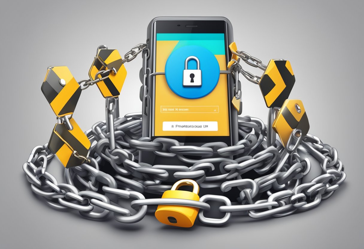 A locked smartphone with a padlock and chains wrapped around it, surrounded by warning signs and barriers to prevent unauthorized access