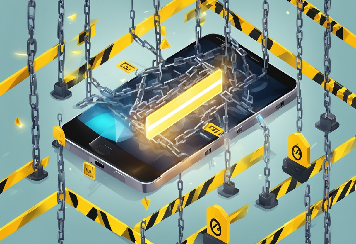 A smartphone breaking free from chains, surrounded by warning signs and caution tape, while a bright light symbolizes the potential benefits of jailbreaking