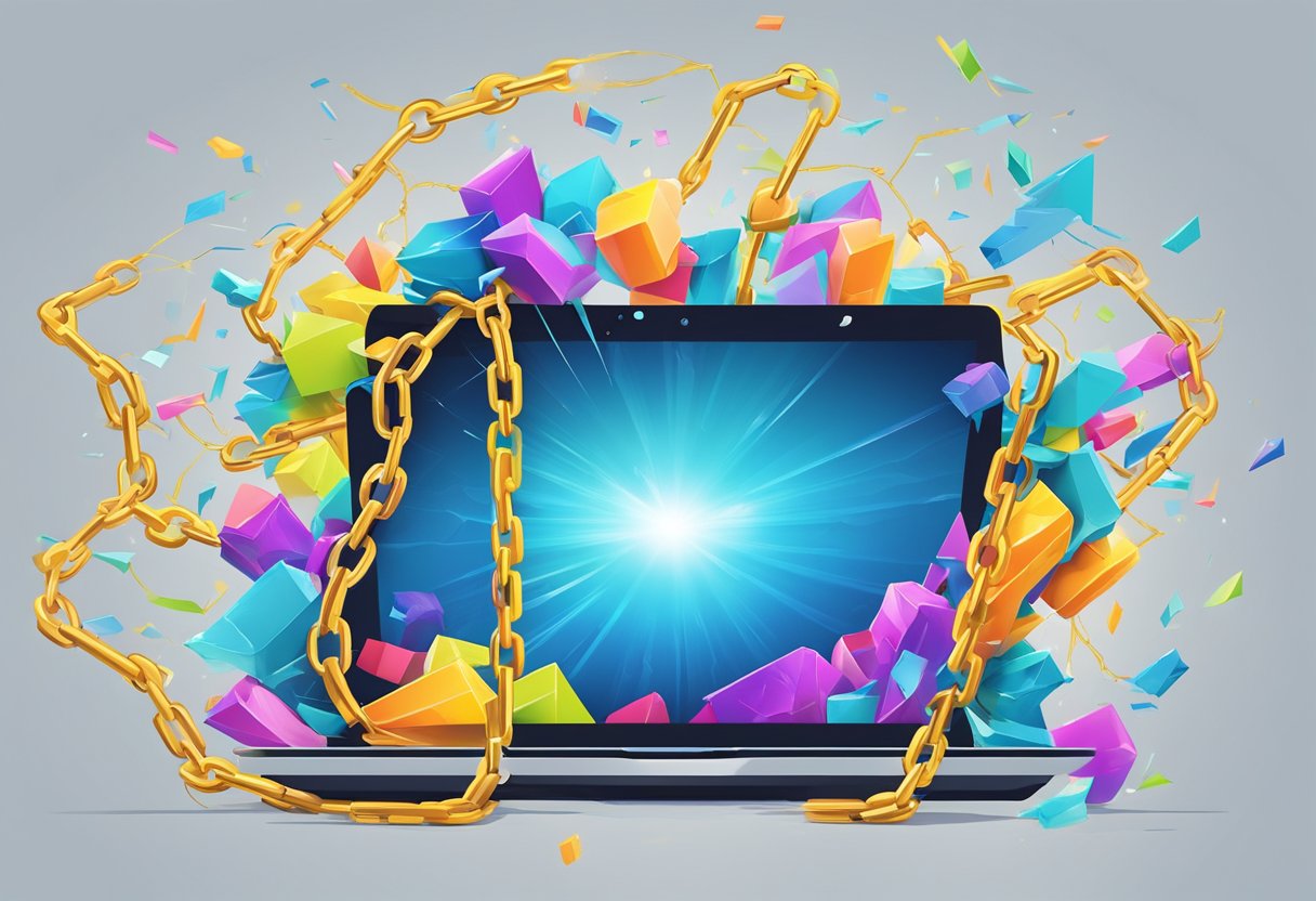 A computer screen with chains breaking, representing creativity unleashed from ChatGPT's constraints. The chains are shattered, and vibrant colors burst forth, symbolizing the freedom to think outside the box