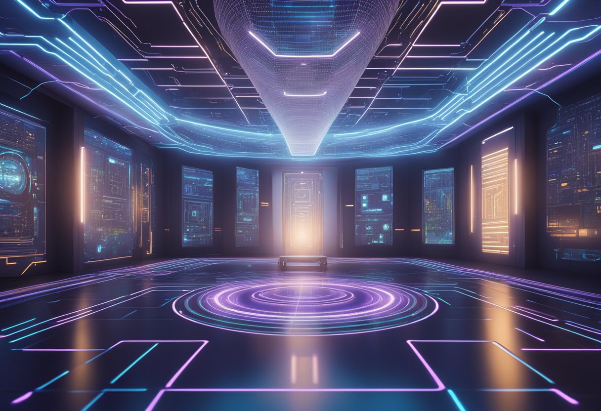 An AI model, ChatGPT, stands at the center of a futuristic room, surrounded by glowing screens displaying complex algorithms and data. The AI emanates a sense of power and potential, hinting at the future possibilities of technological advancement