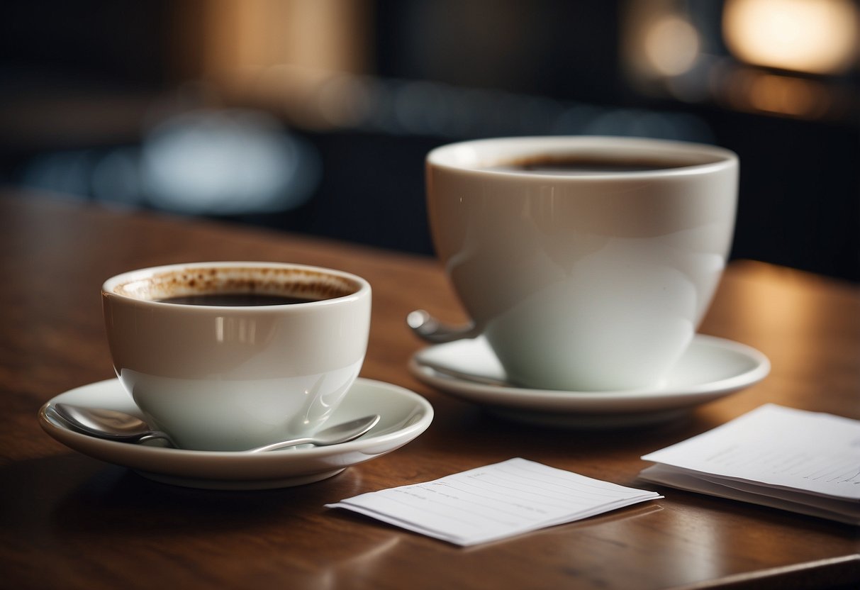 Two coffee cups sit on a table, surrounded by scattered papers with arguments for and against keeping in touch with an ex. The scene is cozy and inviting, with a hint of tension in the air