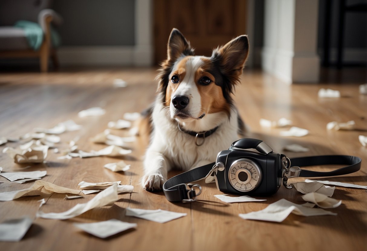 A dog leash lies tangled on the floor, surrounded by crumpled papers and a phone with missed calls. Two sides of a torn photo are visible, one showing a happy couple and the other a lonely figure