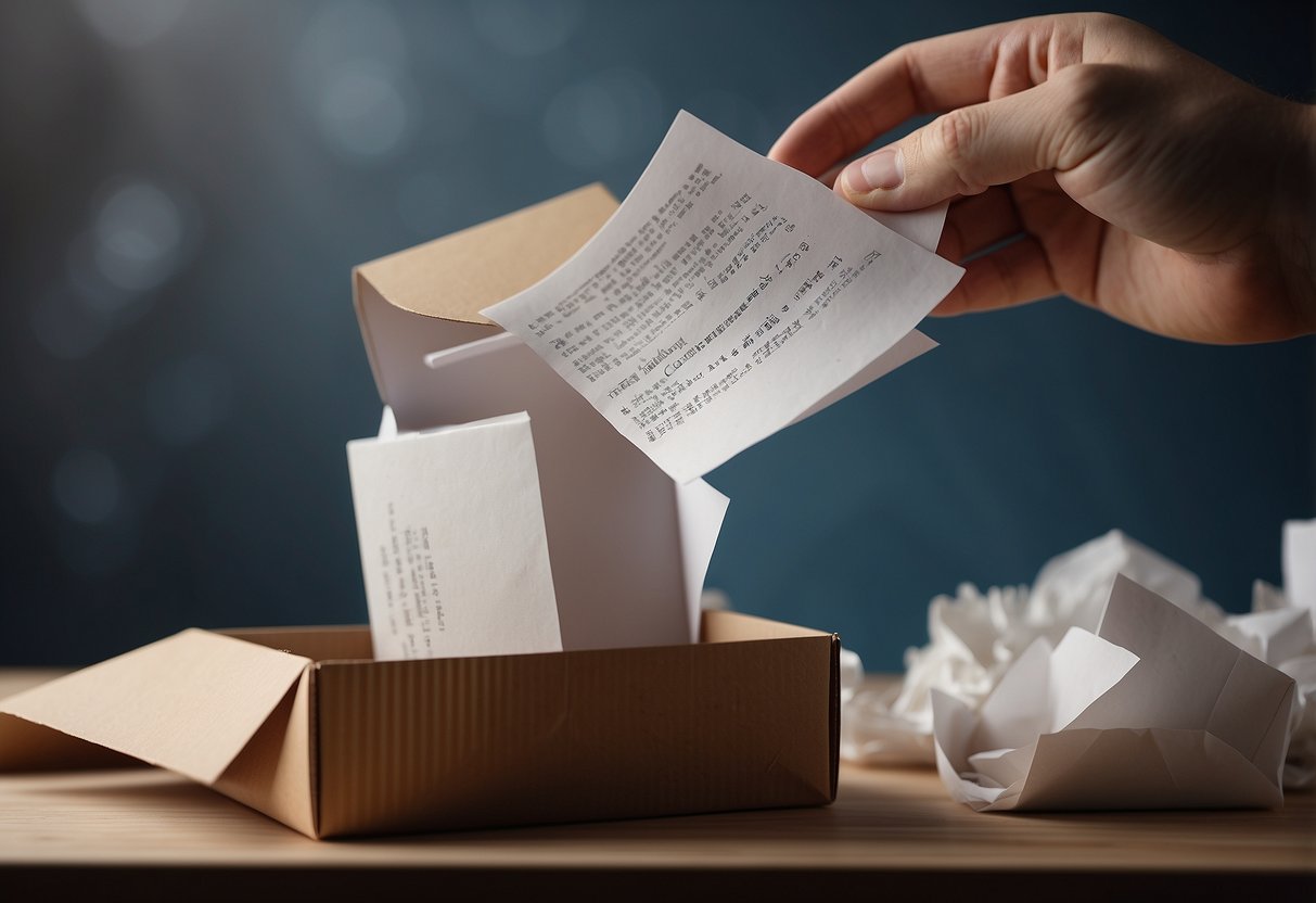 A letter being torn in half, one half being thrown in the trash while the other half is carefully saved in a box