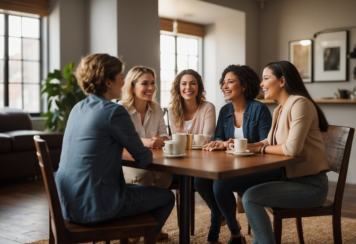 A group of women sitting around a table, animatedly discussing the pros and cons of staying in touch with an ex. Emotions range from excitement to skepticism