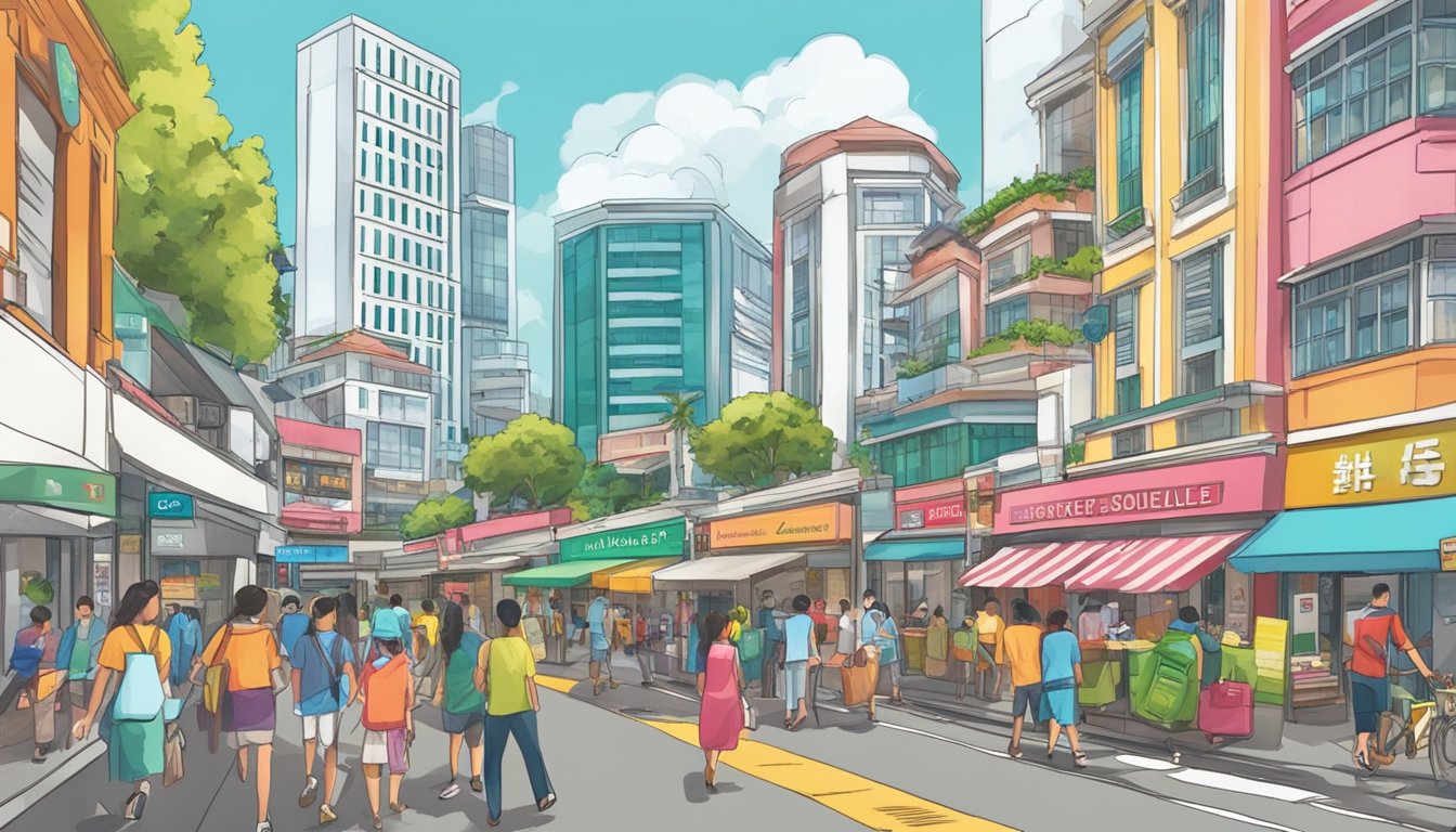 A bustling street in Springleaf, Singapore, with a prominent sign for the "Best Licensed Money Lender" among colorful storefronts and busy foot traffic
