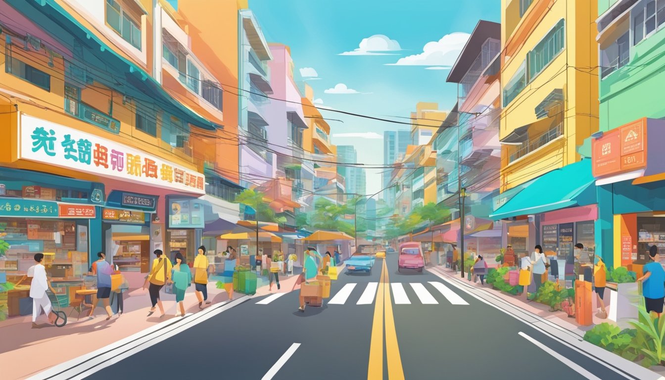 A bustling street in Bedok South, Singapore, with a prominent sign reading "Best Licensed Money Lender." Bright colors and diverse storefronts line the busy road, capturing the vibrant energy of the neighborhood