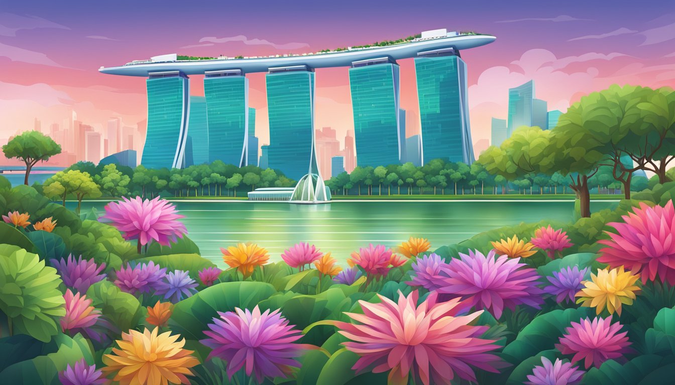 A vibrant cityscape with the iconic Gardens by the Bay in the background, showcasing the modern and bustling atmosphere of Singapore
