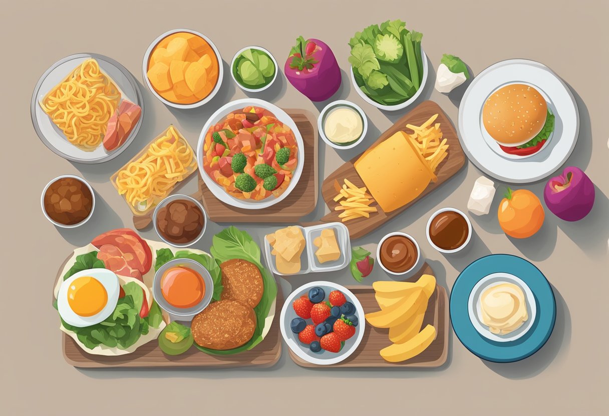 A table with unhealthy food choices like sugary snacks, processed foods, and high-carb items. A separate table with keto-friendly foods like lean meats, vegetables, and healthy fats