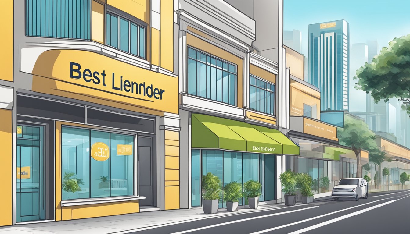 A bright and welcoming storefront with a prominent sign reading "Best Licensed Money Lender in Bayshore Singapore." The building is modern and well-maintained, with a clean and professional appearance
