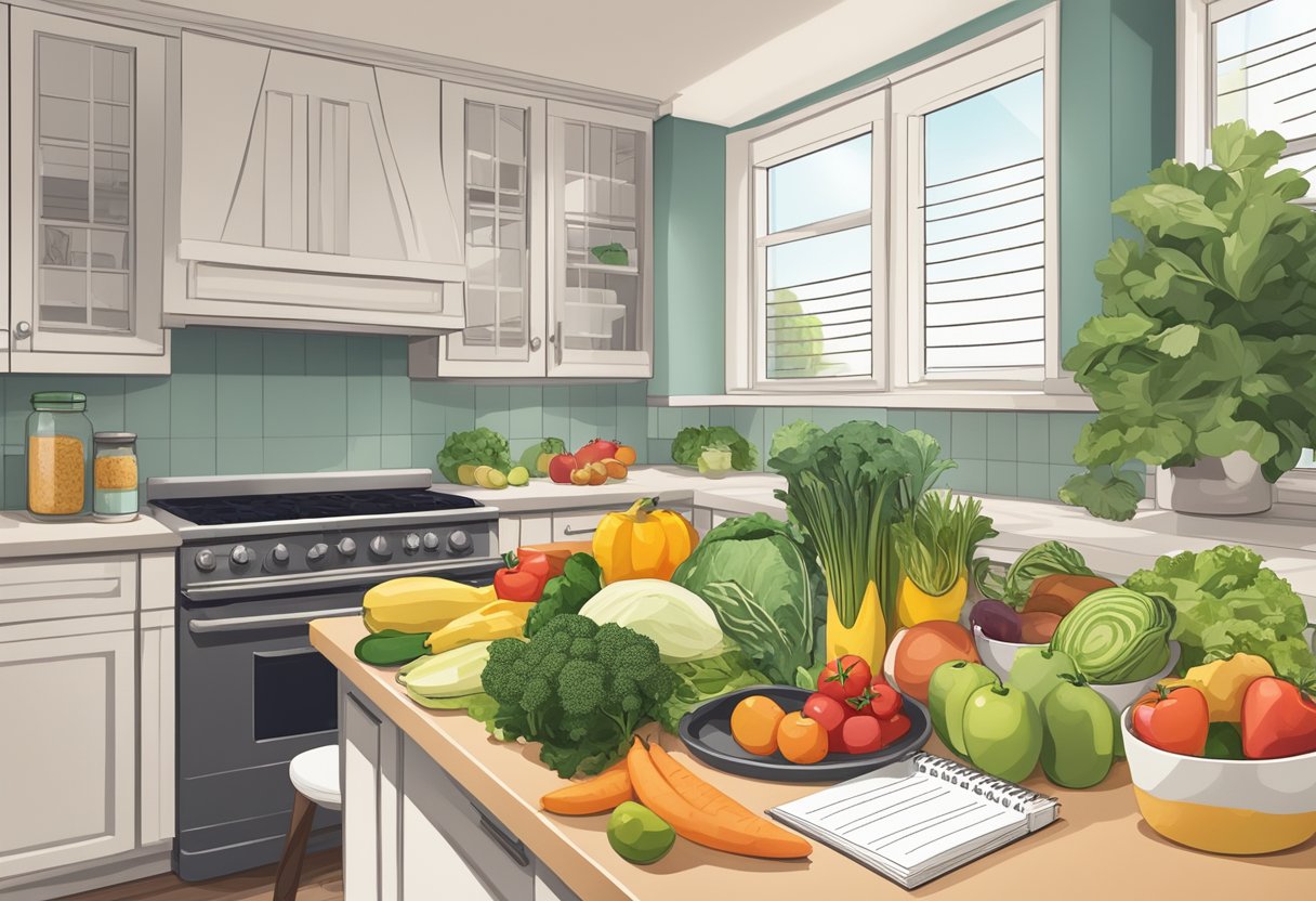 A kitchen counter with a variety of food items, including fruits, vegetables, and lean proteins. A meal plan calendar and keto-friendly recipe book are open nearby
