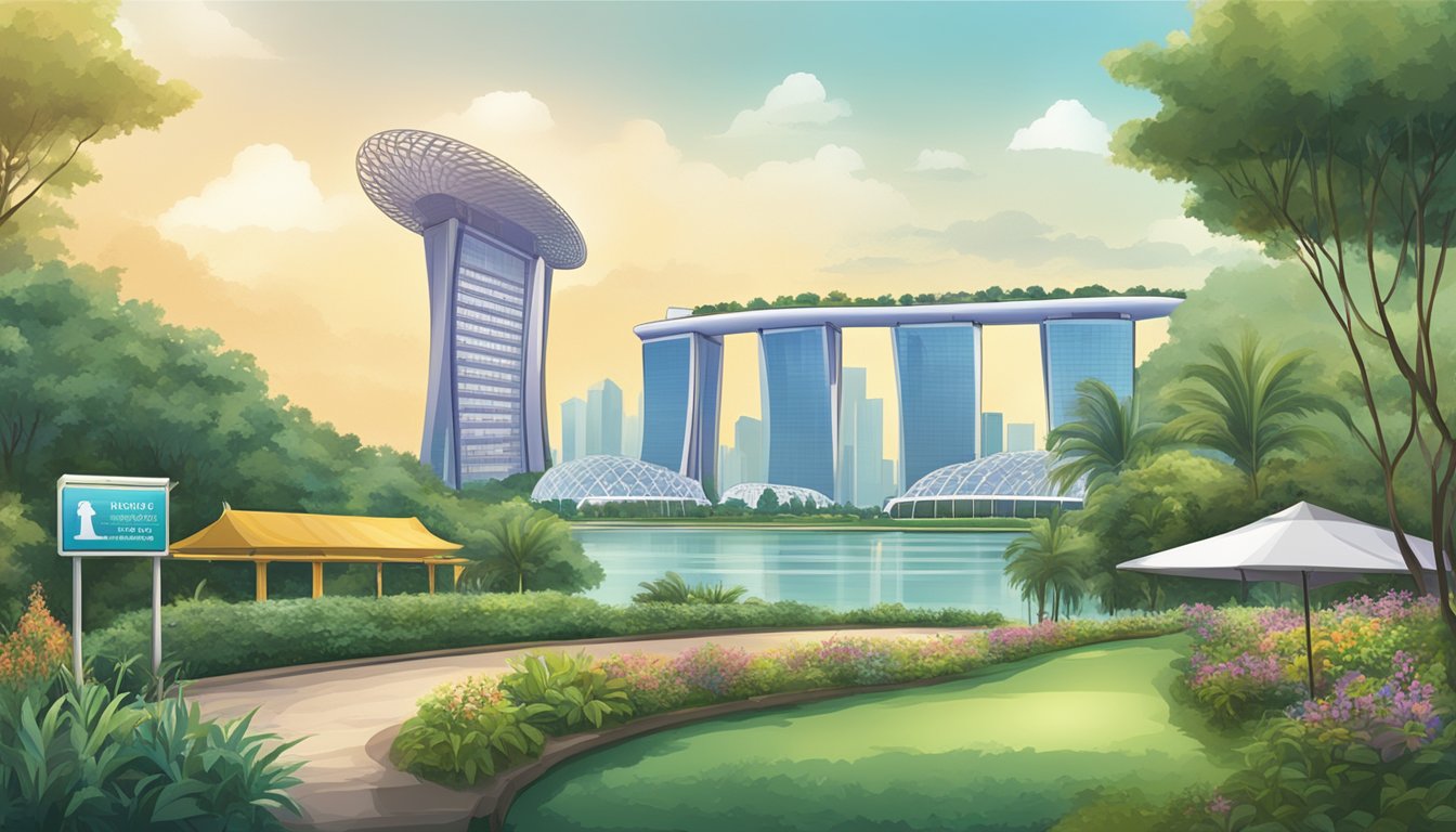 A sign with "Reputable Licensed Money Lender" near Gardens by the Bay, Singapore. Visible landmarks in the background