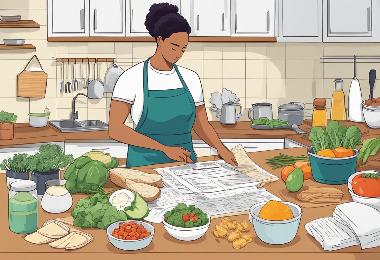 A kitchen counter with various keto-friendly foods and ingredients, alongside a list of common mistakes on a piece of paper. A person wearing a keto-friendly apron is preparing a meal