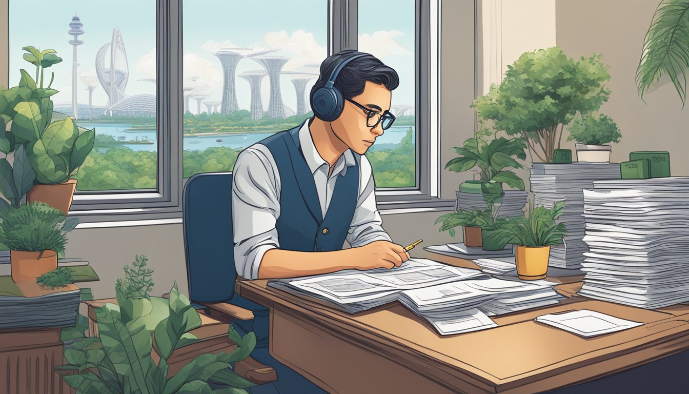 A person sitting at a desk, surrounded by financial documents and a calculator, looking contemplative with Gardens by the Bay visible through the window