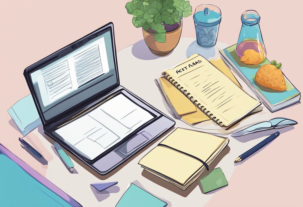 A table with a laptop, keto recipe book, and a list of common mistakes. A thought bubble with question marks above