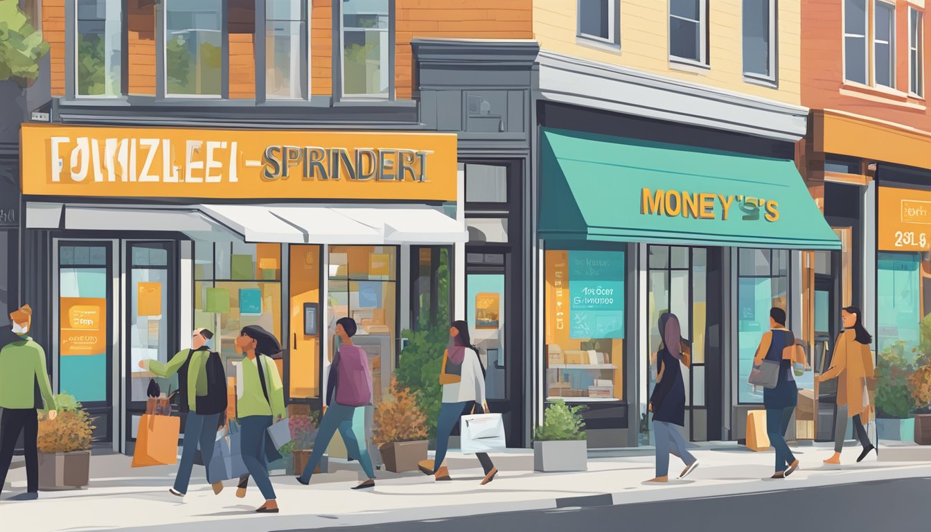 A bustling street near Springleaf, with a licensed money lender's sign prominently displayed. Bright, modern storefront with people entering and exiting