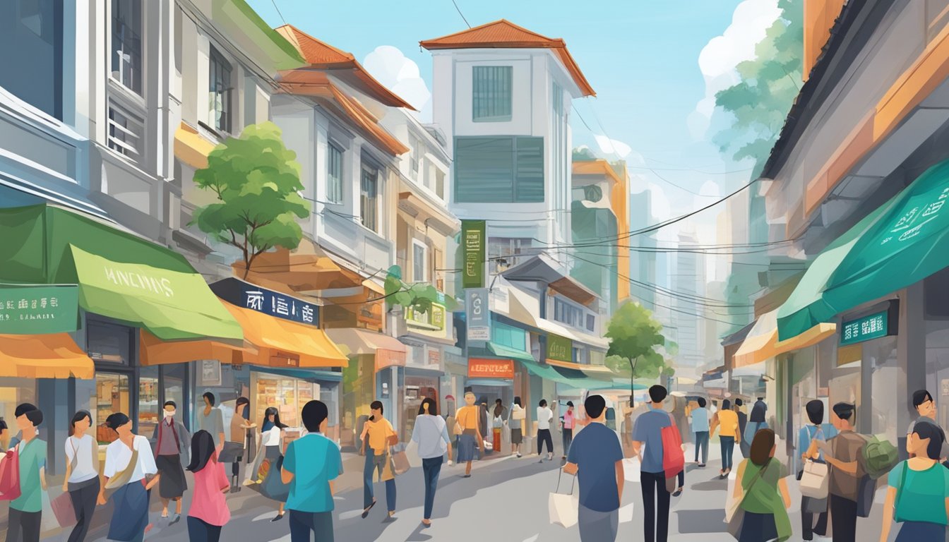 A bustling street near Lentor, Singapore, with a prominent sign for a licensed money lender, surrounded by diverse shops and bustling activity