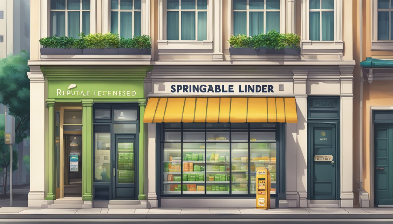 A storefront sign reads "Reputable Licensed Money Lender Near Springleaf Singapore." The building is clean and professional, with a bright and welcoming atmosphere