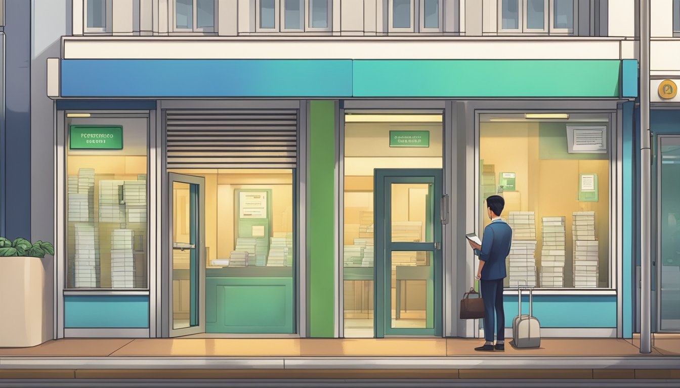 A person standing outside a licensed money lender's office in Springleaf, Singapore, carefully reading the terms and conditions before entering