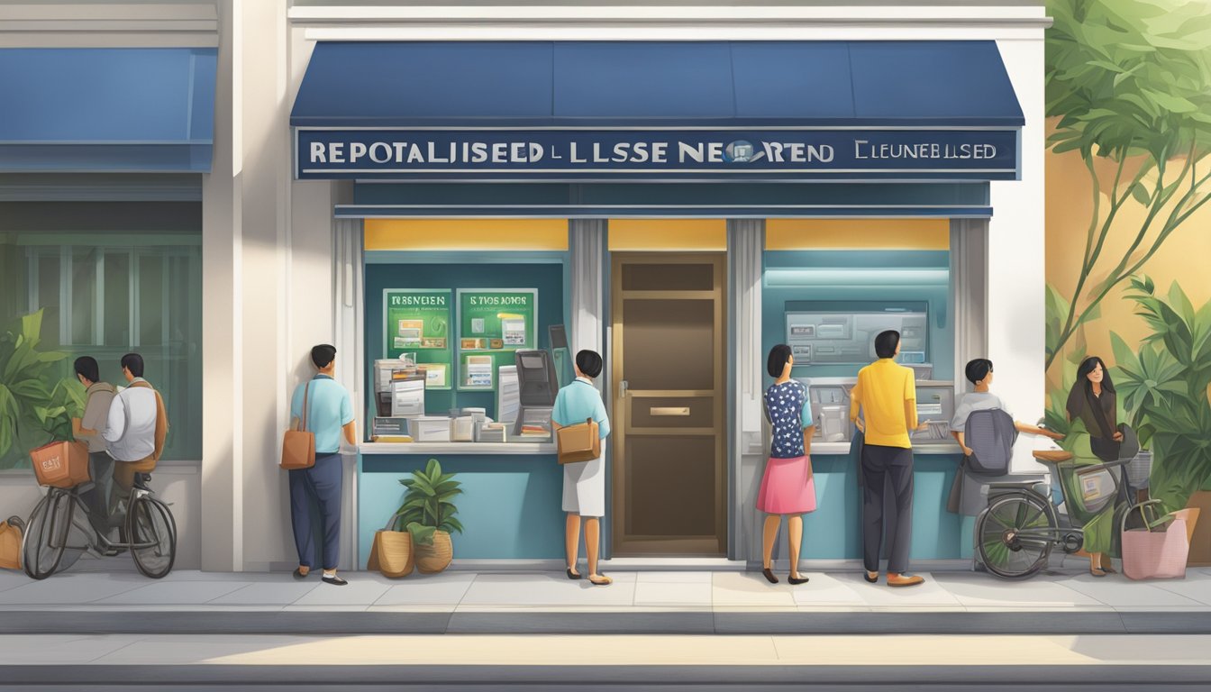 A storefront sign reads "Reputable Licensed Money Lender Near Lentor Singapore." A line of customers waits outside the office, while a bright "open" sign catches the eye