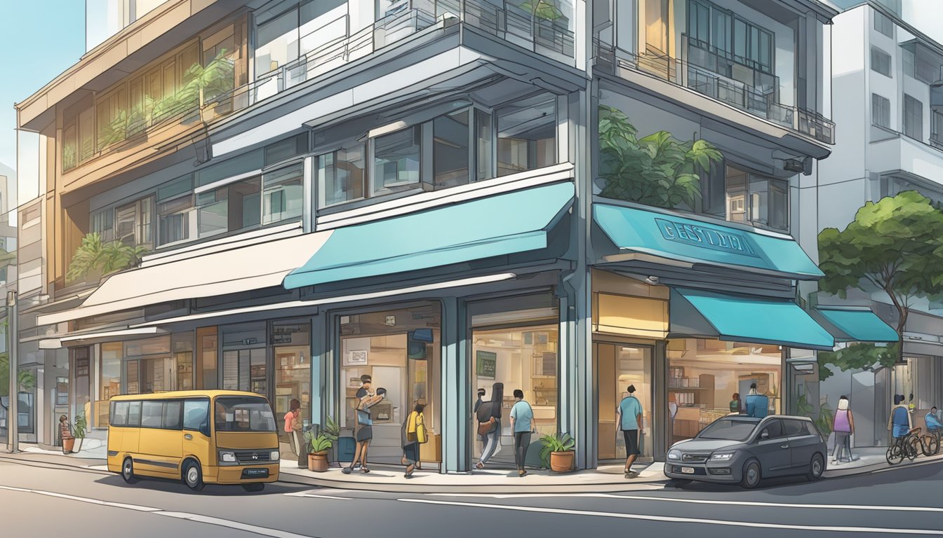 A bustling street in Braddell, Singapore, with a prominent sign for the "Best Licensed Money Lender" hanging above a sleek and modern storefront