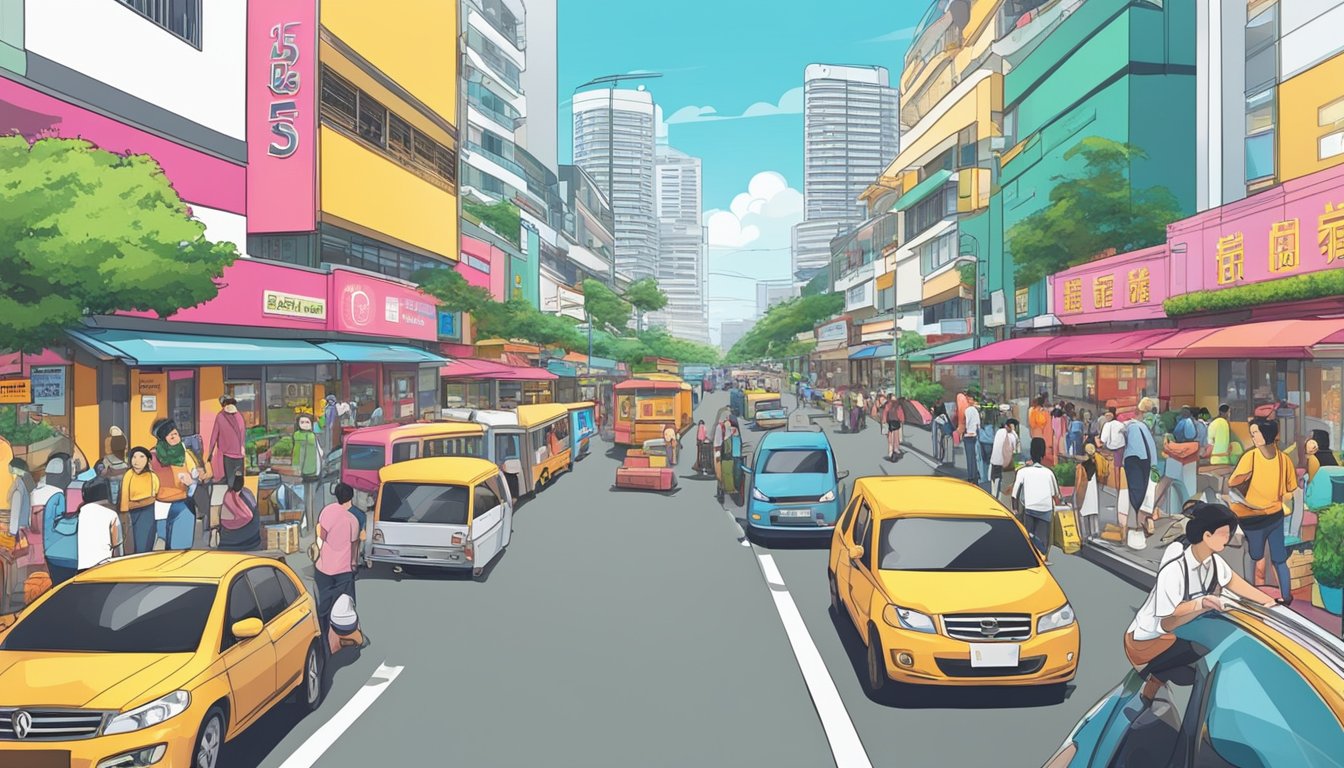 A bustling street in Bedok South, Singapore, with prominent signage for licensed money lenders. Bright colors and busy foot traffic