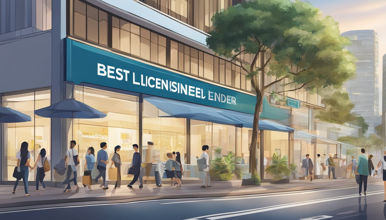 A bustling street in Bayshore, Singapore. A sign reads "Best Licensed Money Lender in Bayshore." People enter and exit the office, indicating a steady flow of customers. The building is modern and clean, with a professional atmosphere