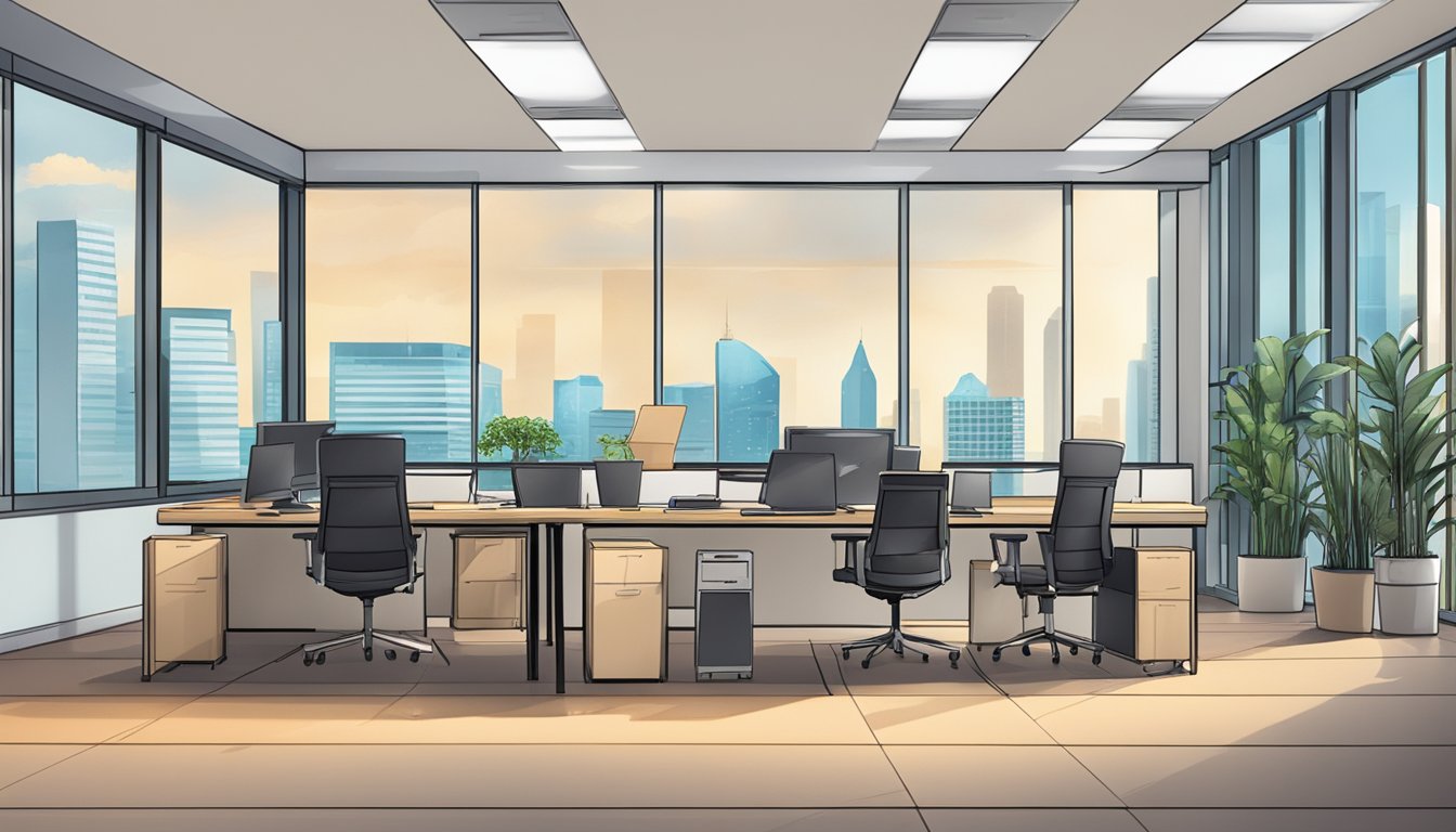 An office with a sign reading "Best Licensed Money Lender In Bayshore Singapore." A professional-looking space with a desk, chairs, and financial documents
