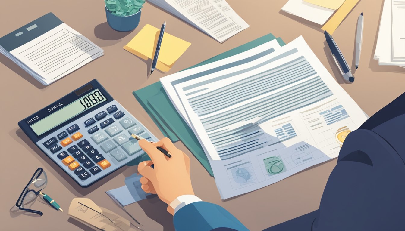 A person carefully reviews a contract from a licensed money lender in Bayshore, Singapore, while surrounded by financial documents and a calculator