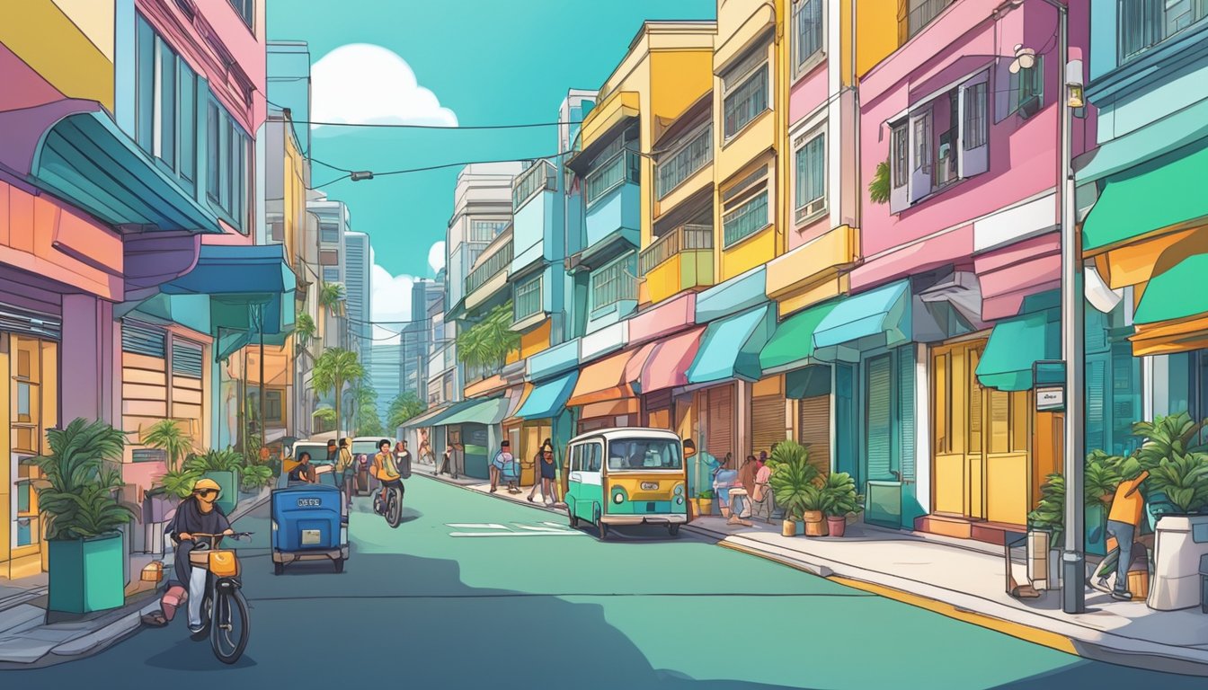 A bustling street in Braddell, Singapore, with a prominent sign for the Best Licensed Money Lender. Bright colors and a sense of professionalism