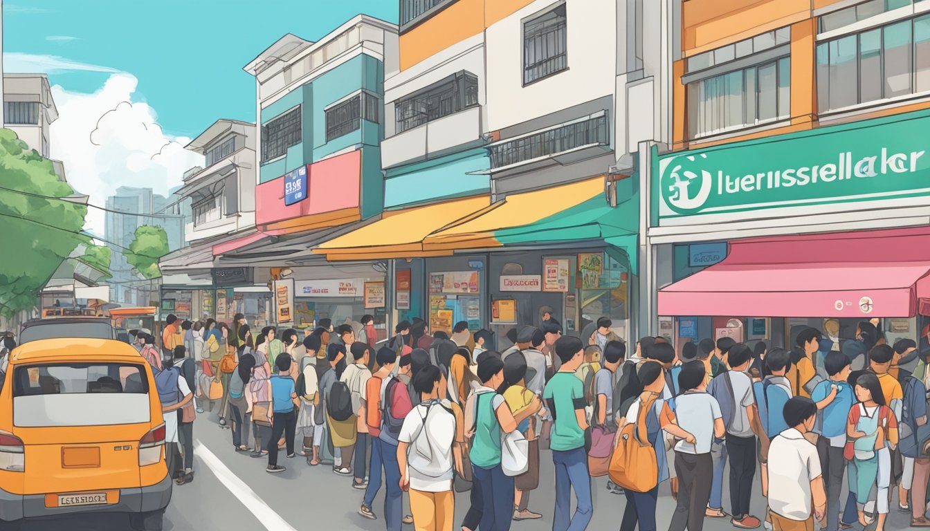 A bustling street in Braddell, Singapore, with a prominent sign for a licensed money lender. People are seen entering and exiting the establishment, while others wait in line outside. The surrounding area is filled with various businesses and street vendors