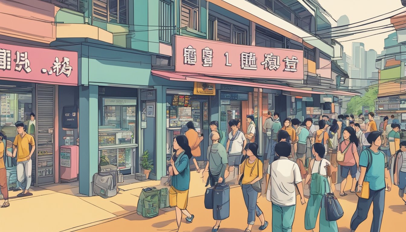 A bustling street in Braddell, Singapore, with a prominent sign reading "Best Licensed Money Lender." People are seen entering and exiting the establishment, with a sense of urgency and anticipation