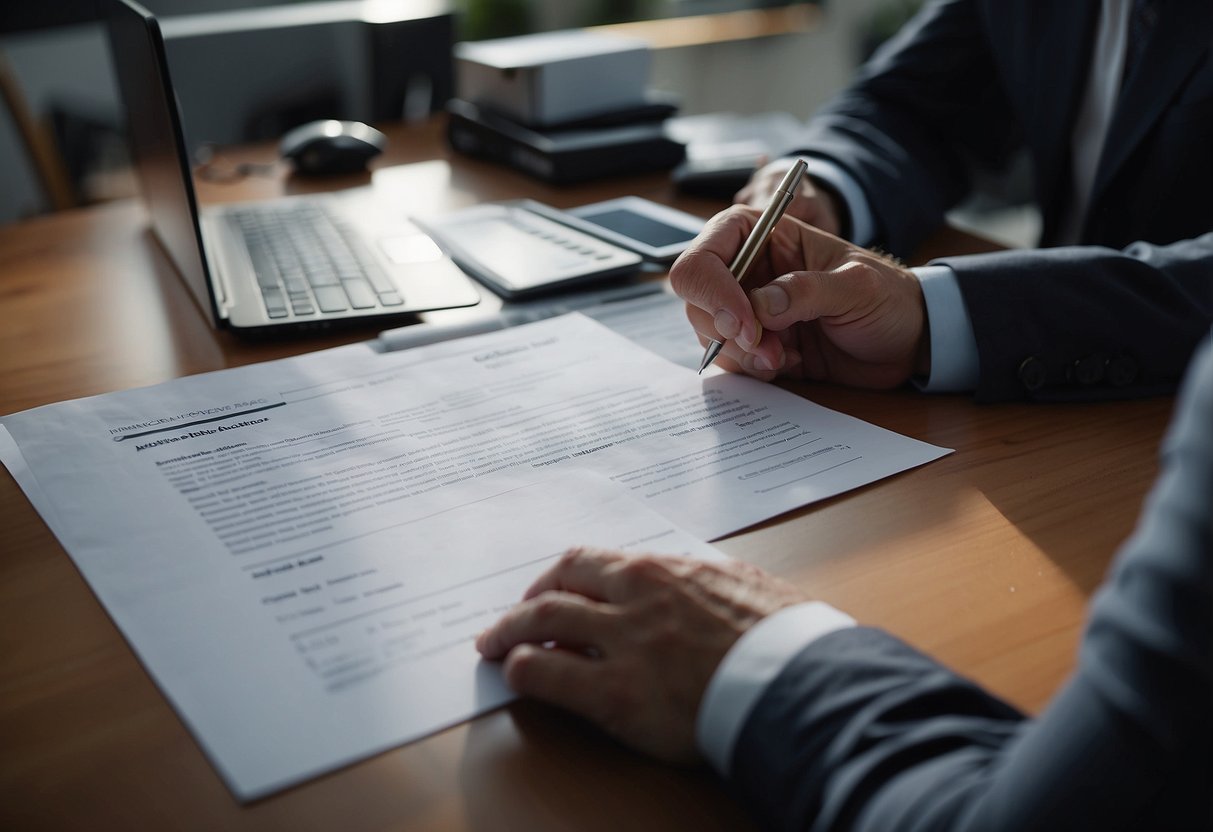 A person signing documents at a desk with a mortgage advisor. Papers, pens, and a computer are on the desk. The advisor explains the process