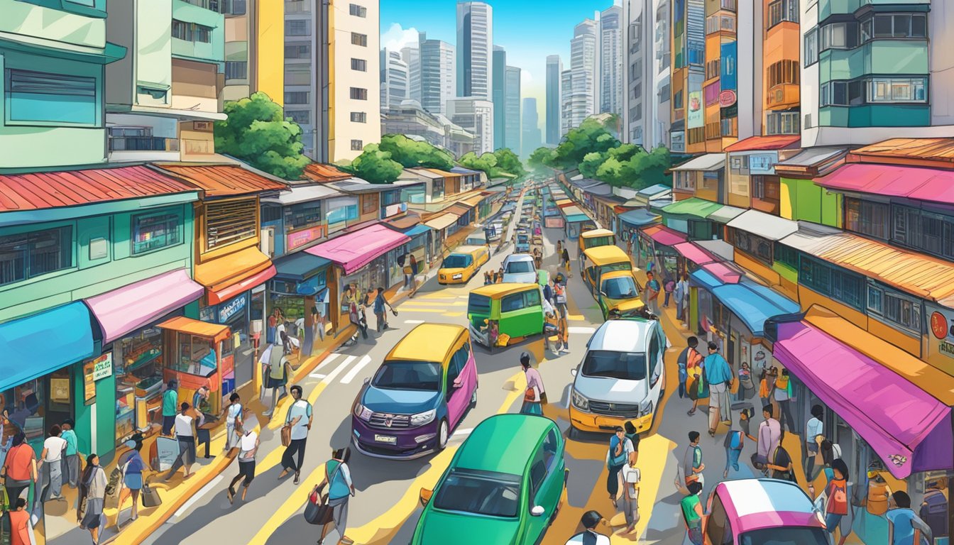 A bustling street in Toa Payoh, Singapore, with a prominent sign reading "Best Licensed Money Lender." Bright colors and busy foot traffic