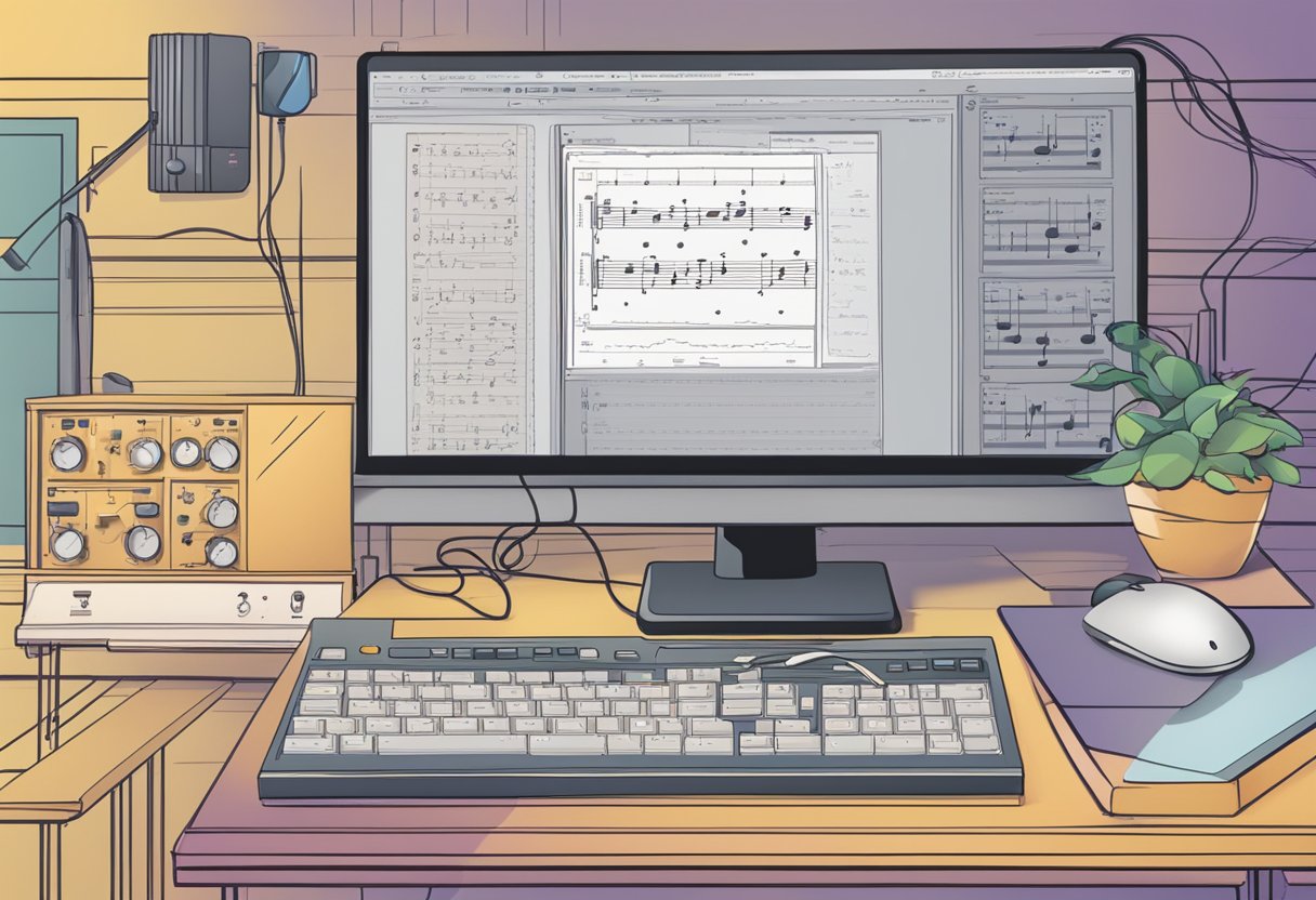 A computer screen displays the interface of MuseNet, with musical notes and settings. A keyboard and mouse are nearby