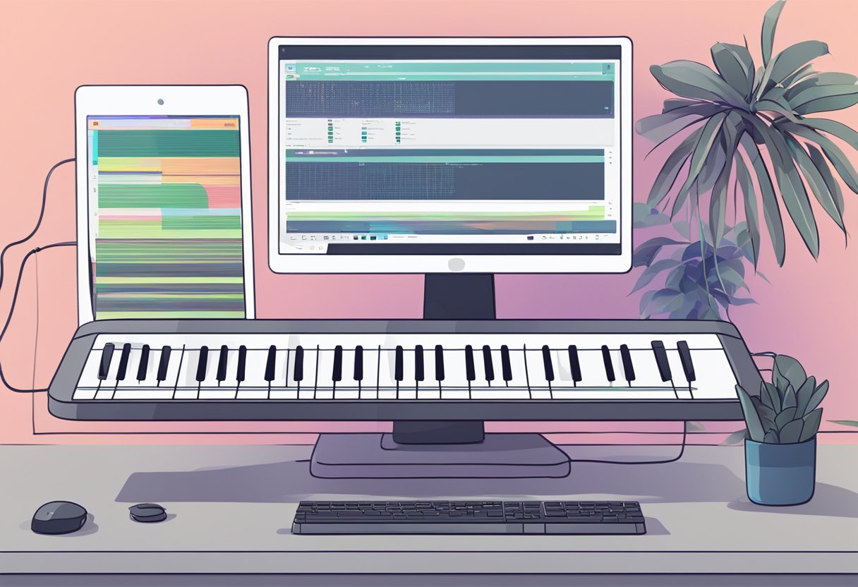 A computer screen displays a tutorial on using OpenAI's Musenet for music generation. A keyboard and mouse are visible on the desk