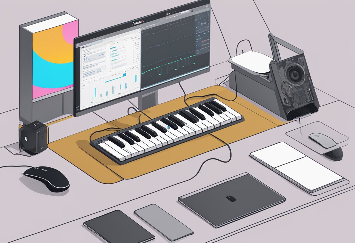 A computer screen displays a detailed tutorial on using OpenAI's Musenet to create music. A keyboard and mouse sit on the desk nearby