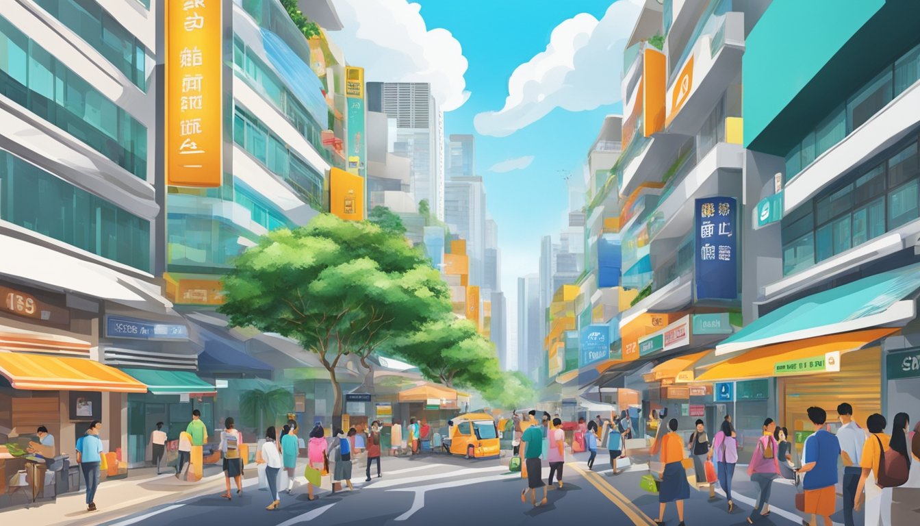 A bustling street in Toa Payoh, with a prominent sign for the best licensed money lender. Bright colors and a sense of activity