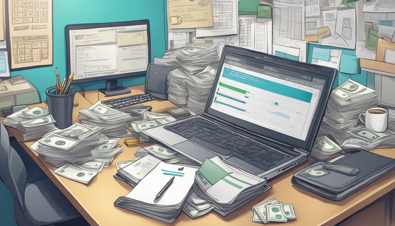 A cluttered desk with a laptop, paperwork, and a calculator. A sign on the wall reads "Best Licensed Money Lender in Toa Payoh Singapore."