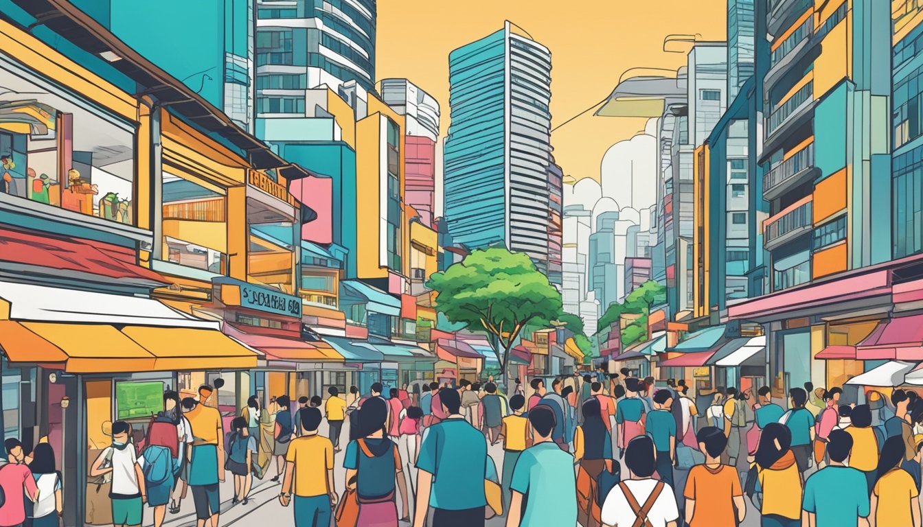 A bustling street in Novena, Singapore, with a prominent sign reading "Best Licensed Money Lender." Bright colors and a mix of people and buildings create a vibrant atmosphere