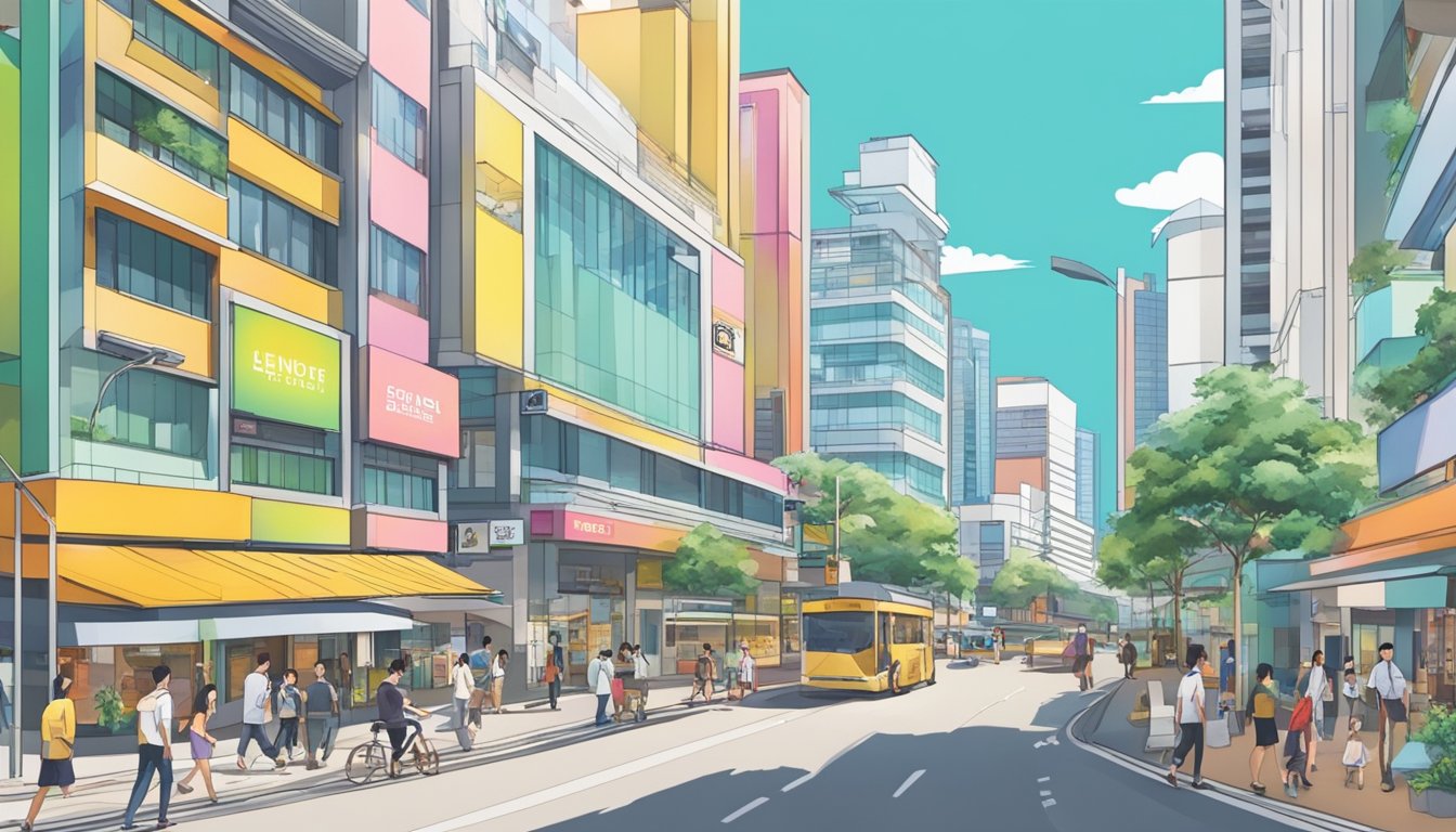 A bustling street in Novena, Singapore, with a prominent sign advertising the best licensed money lender. Bright and modern storefronts line the busy road, with people walking by and cars driving past