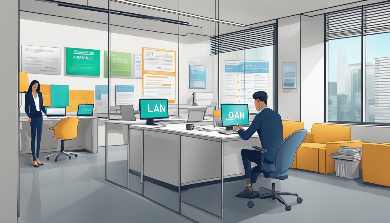 A person carefully reviews loan terms and conditions in a modern office setting with a licensed money lender sign prominently displayed